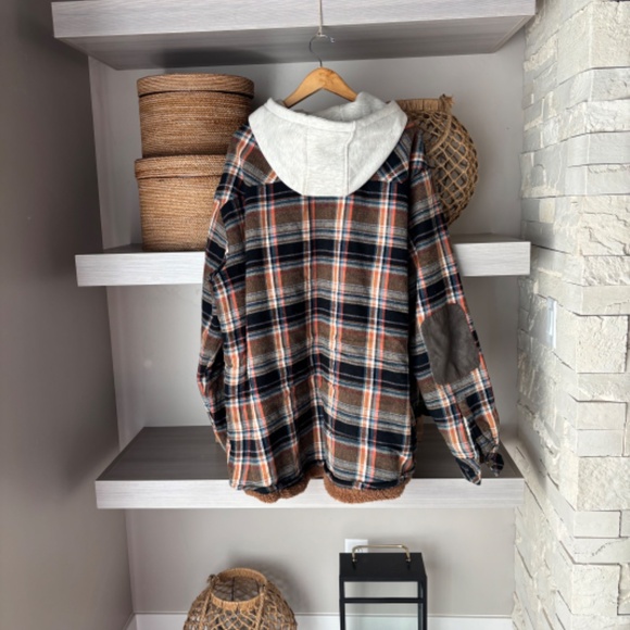 Plaid Button DownJacket Hoodie Sherpa Lining - Brown/Blue/Orange - Picture 5 of 8